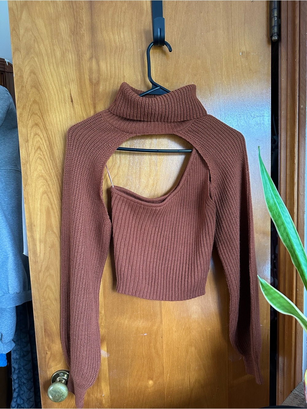 Fashion Nova Rust Brown 2 piece Cut-Out Knit Crop Sweater